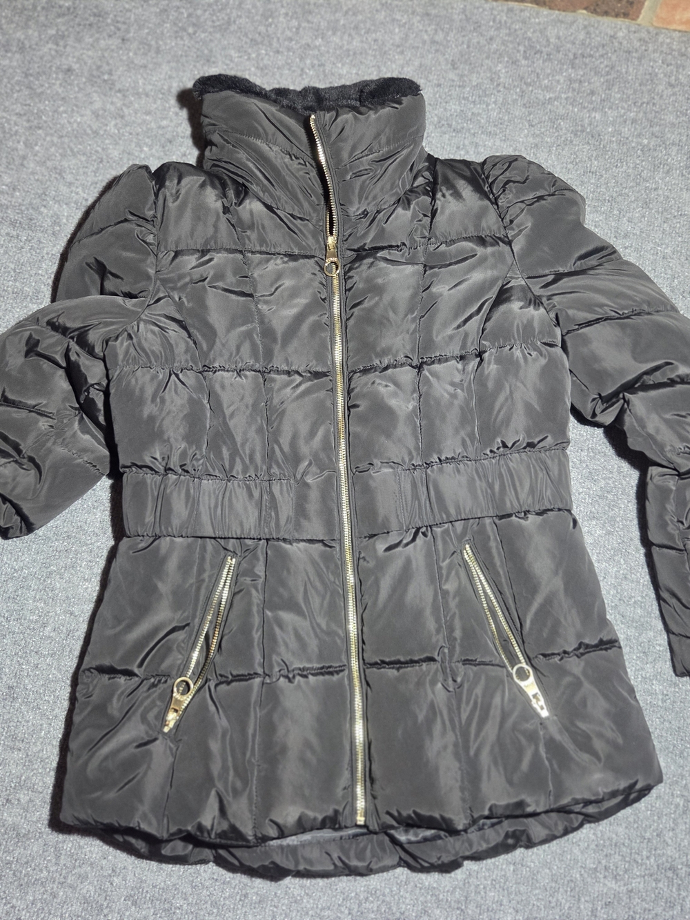 GUESS Womens Black Quilted Puffer Jacket Coat High Collar Faux Fur Size L
